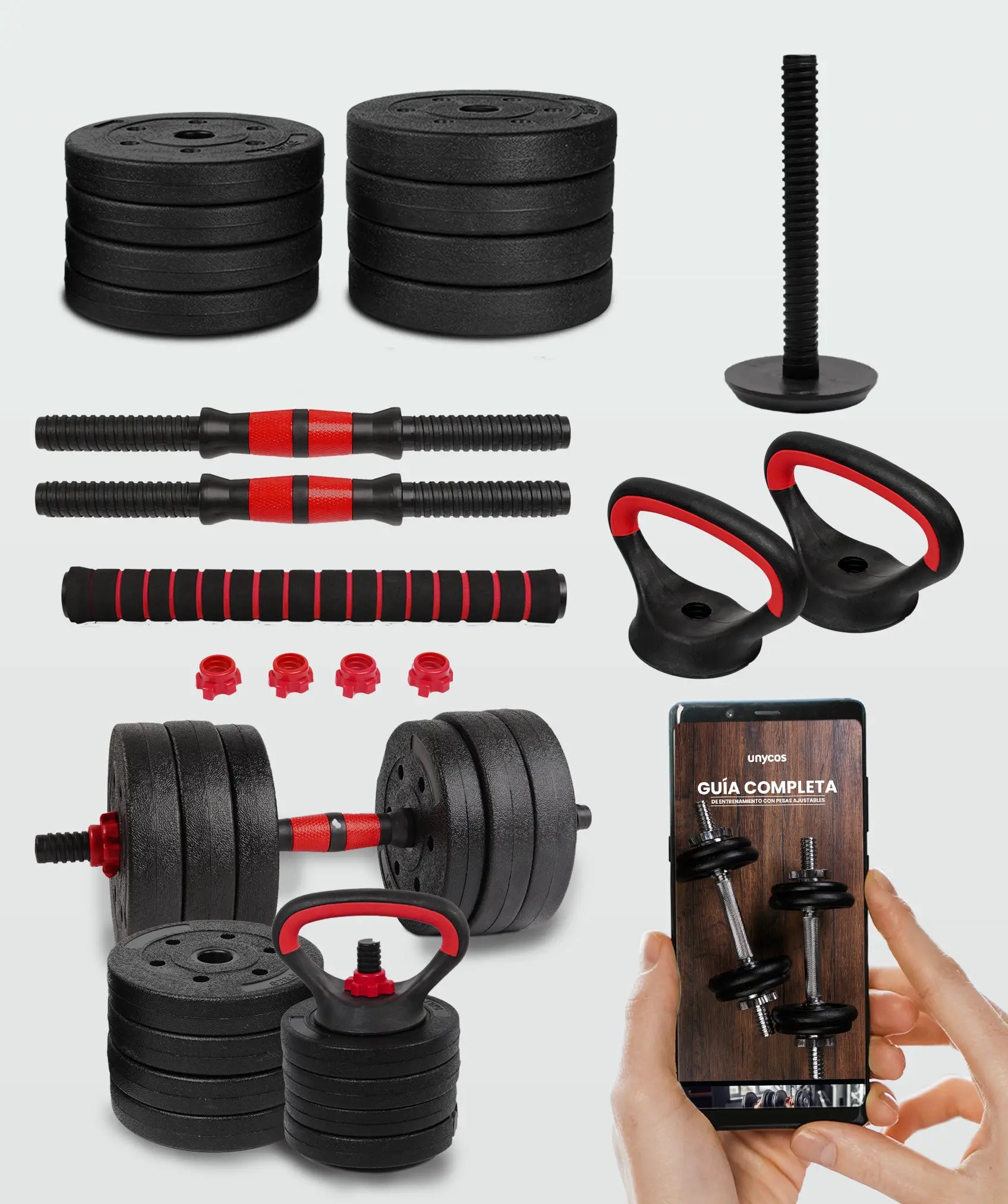 Set di manubri regolabili Red Transformer con Kettlebell (10-40kg)